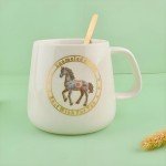 HIGHTERTON Horse Coffee Mug, 12 oz Enameled Mug, Ceramic Porcelain Tea Cup with Lid and Spoon, Birthday Present for Friends, Lady or Any Horse Lovers