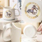 HIGHTERTON Horse Coffee Mug, 12 oz Enameled Mug, Ceramic Porcelain Tea Cup with Lid and Spoon, Birthday Present for Friends, Lady or Any Horse Lovers