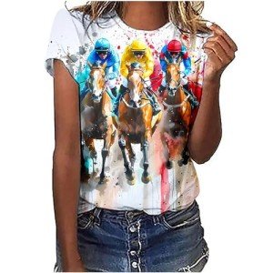 Generic Womens Horse Racing Tops Cap Sleeve Summer Retro Blouse Crew Neck Graphic Tee Shirt Stylish Workout Tshirts for Ladies, Medium