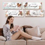Thrist Cowgirl Horse Theme Wall Decor 4PCS Wooden Inspirational Cowgirl Theme Horse Wall Art Picture Painting Loved Brave Kind Enough Positive Quotes Wall Decor for Bathroom Bedroom Living Room