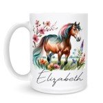 WANDORIA Elegant Horse Coffee Mug, Personalized Equestrian Cup with Name, Horseback Riding Gift, Equine Ceramic Mug 11oz/15oz, Pastoral Horse Art Drinkware, Field Flower Design Mug