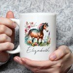 WANDORIA Elegant Horse Coffee Mug, Personalized Equestrian Cup with Name, Horseback Riding Gift, Equine Ceramic Mug 11oz/15oz, Pastoral Horse Art Drinkware, Field Flower Design Mug
