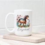WANDORIA Elegant Horse Coffee Mug, Personalized Equestrian Cup with Name, Horseback Riding Gift, Equine Ceramic Mug 11oz/15oz, Pastoral Horse Art Drinkware, Field Flower Design Mug