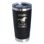 Horses Keep Me Stable - Insulated Coffee Tumbler Cup with Sliding Lid - Stainless Steel Insulated Mug - Horse Themed Coffee Gifts - Black