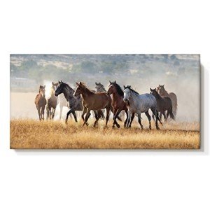 cozy country Rustic Horses Wall Art Decor: Western Farm Equine Canvas Picture Wild Animals Walking on Empty Grassland Farmhouse Ponies Portrait Painting Artwork for Living Room Bedroom 48" x 24"