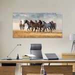 cozy country Rustic Horses Wall Art Decor: Western Farm Equine Canvas Picture Wild Animals Walking on Empty Grassland Farmhouse Ponies Portrait Painting Artwork for Living Room Bedroom 48" x 24"