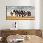 cozy country Rustic Horses Wall Art Decor: Western Farm Equine Canvas Picture Wild Animals Walking on Empty Grassland Farmhouse Ponies Portrait Painting Artwork for Living Room Bedroom 48" x 24"