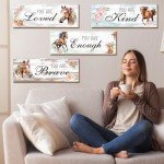 Thrist Cowgirl Horse Theme Wall Decor 4PCS Wooden Inspirational Cowgirl Theme Horse Wall Art Picture Painting Loved Brave Kind Enough Positive Quotes Wall Decor for Bathroom Bedroom Living Room