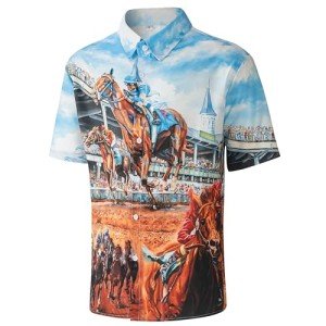 Men's Hawaiian Shirt for Men Wrinkle Free Casual Printed Beach Shirt, Vintage Horse Racing Watercolor Men's Casual Button Down Shirts Regular Fit Short Sleeve Holiday Summer Shirts for Men, L