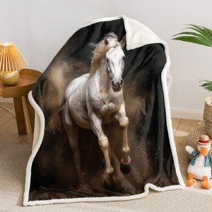 AILONEN Horse Theme Fleece Sherpa Blanket,Printed Pattern Horse Throw Blanket, 59 x 47 Inches Blanket,Cozy Soft Animal for Kids Boys Girls,Blanket for Bed Couch Decor