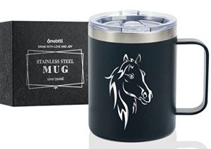 Onebttl Horse Gifts for Girls, Women, Horse Lovers, Insulated Stainless Steel Coffee Mug with Lid and Handle, Equestrians, Cowgirls Gifts for Birthday, Christmas, 12 oz, Black