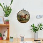 GWFSJYU Vintage Horse Framed Wall Art, Farmhouse Horses Round Canvas Prints Wall Art, Rustic Horses Wall Hanging Decor for Bedroom Bathroom Living Room, Horse Lovers Gifts, 10”x10”inch