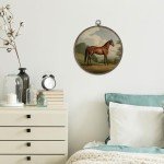 GWFSJYU Vintage Horse Framed Wall Art, Farmhouse Horses Round Canvas Prints Wall Art, Rustic Horses Wall Hanging Decor for Bedroom Bathroom Living Room, Horse Lovers Gifts, 10”x10”inch