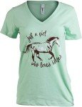 Ann Arbor T-shirt Co. Just a Girl who Loves Horses | Cute Girl Riding Rider V-Neck T-Shirt for Women-(Vneck,S) Mint