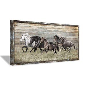 Wooden Horses Picture Wall Decor: Modern Running Wildlife Horse Animal Painting Print on Rustic Textured Wood Artwork Wall Art with Handcrafted Wooden Framed (40" x 20")