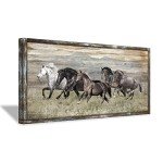 Wooden Horses Picture Wall Decor: Modern Running Wildlife Horse Animal Painting Print on Rustic Textured Wood Artwork Wall Art with Handcrafted Wooden Framed (40" x 20")