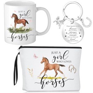 Crtiin 3 Pcs Horse Gifts for Girl Women Just a Girl Who Loves Themed 11 oz Coffee Mug Cosmetic Makeup Bag Inspirational Keychain Thank You Gifts for Coworkers Daughter Lovers Birthday