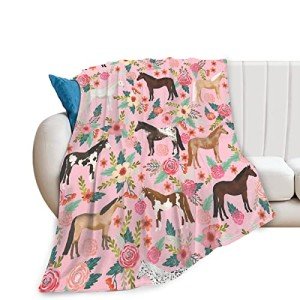 Horse Blanket Gifts for Girls Women Western Horses Flowers Fleece Flannel Throw Blankets Soft Lightweight Horse Plush Animal Pink Throws for Horse Lovers Kids Adults Bed Sofa Decor 50"x40"