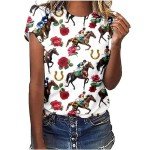 Horse Racing Shirts for Women Summer Casual Short Sleeve Tops Funny Graphic Tees Crewneck Loose Fit Tunic Blouses