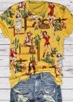 Western Cactus Horse T-Shirt Cactus Shirts for Women Desert Horse Graphic Tee Casual Cowgirl Vintage Short Sleeve Tops(Large,Yellow)