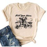 Hold Your Horses T Shirt Women Funny Rodeo Graphic Tees Vintage Cowboy Vacation Short Sleeve Shirts Tops (XL, Beige 1)