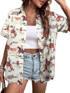 QLIPIN Western Button Up Shirts Women: Retro Cowgirl Shirt Rodeo Tops Hawaiian Summer Vacation Short Sleeve Top Blouses Apricot