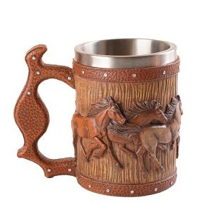 LAUGOKOBE Wooden Barrel Horse Beer Mug, 20oz Stainless Steel Horse Beer Stein Coffee Cup Horses Lover Gifts for Birthday Christmas, Renaissance Accessories Halloween Party Decoration Drinkware Gift