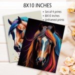 TOCDGOO Set of 4 Wild Horse Watercolor Prints - Rustic Canvas Wall Art Decor for Home, Bathroom & Bedroom - Unframed 8"x10" Animal Poster Collection - Elegant Horse Themed Decor