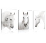HPNIUB White Horse Wall Art Print Set Of 3 (12”X16”,Framed, Wild Horse Artwork, Animals Pictures of Horse Black White Canvas Wall Art For Bedroom Decoration, Minimalist Pint Home Decor