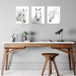 HPNIUB White Horse Wall Art Print Set Of 3 (12”X16”,Framed, Wild Horse Artwork, Animals Pictures of Horse Black White Canvas Wall Art For Bedroom Decoration, Minimalist Pint Home Decor