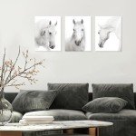 HPNIUB White Horse Wall Art Print Set Of 3 (12”X16”,Framed, Wild Horse Artwork, Animals Pictures of Horse Black White Canvas Wall Art For Bedroom Decoration, Minimalist Pint Home Decor