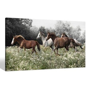 Horse Canvas Wall Art Print: Western Brown and White Horses Painting Running Wild Animal Picture Rustic Farm Equestrian Artwork Decor for Living Room Bedroom Office 48 x 24 inch