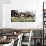 Horse Canvas Wall Art Print: Western Brown and White Horses Painting Running Wild Animal Picture Rustic Farm Equestrian Artwork Decor for Living Room Bedroom Office 48 x 24 inch