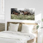 Horse Canvas Wall Art Print: Western Brown and White Horses Painting Running Wild Animal Picture Rustic Farm Equestrian Artwork Decor for Living Room Bedroom Office 48 x 24 inch