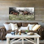 Horse Canvas Wall Art Print: Western Brown and White Horses Painting Running Wild Animal Picture Rustic Farm Equestrian Artwork Decor for Living Room Bedroom Office 48 x 24 inch