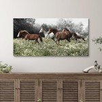 Horse Canvas Wall Art Print: Western Brown and White Horses Painting Running Wild Animal Picture Rustic Farm Equestrian Artwork Decor for Living Room Bedroom Office 48 x 24 inch