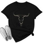 Boho Cow Skull Shirt Women Cowgirl t Shirt Vintage Western Rodeo Graphic Tee Short Sleeve Bull Skull Casual Top