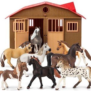 TikOnsYol 8 in 1 Horse Toy Set for Girls 6-12, 8 Pcs Realistic 5'' Plastic Figurines With Stable, Farm Animal Gift for Boys Toddlers Kids Birthday, Black