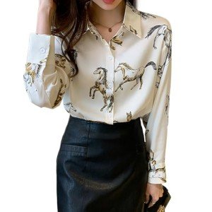 Womens Button Down V Neck Shirts Long Sleeve Casual Dressy Horse Printed Blouses Tops (US, Alpha, Medium, Regular, Regular, Beige)