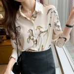 Womens Button Down V Neck Shirts Long Sleeve Casual Dressy Horse Printed Blouses Tops (US, Alpha, Medium, Regular, Regular, Beige)