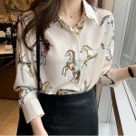 Womens Button Down V Neck Shirts Long Sleeve Casual Dressy Horse Printed Blouses Tops (US, Alpha, Medium, Regular, Regular, Beige)