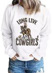 Teaaha Long Live Cowgirls Sweatshirt Women Horseback Rider Western Vintage Country Southern Cactus Graphic Shirt Pullover White