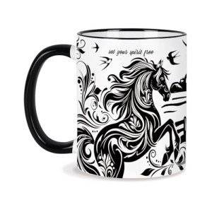 Silkwishes Horse Gifts for Women Men, 11 Oz Black and White Boho Mug Horse, Gifts for Horse Lovers, Equestrian Gifts, Horse Mug