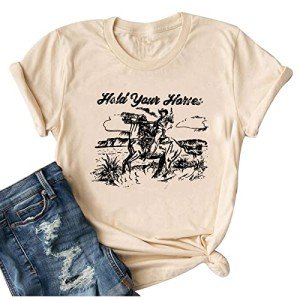 Hold Your Horses T Shirt Women Funny Rodeo Graphic Tees Vintage Cowboy Vacation Short Sleeve Shirts Tops (XXL, Beige 1)