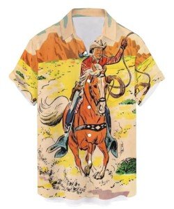 QIVICIMA Men's Retro Bowling Shirts Cowboy Western Shirt 50s Rockabilly Style Button Down Shirts Vintage Style Camp Shirt 1 E35 Cowboy Yellow St XL
