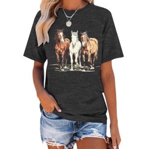 Horse Shirt Women Horse Lover Tshirt Funny Horse Riding Horse Graphic Tee Animal Western Country Summer Short Sleeve Tops Grey