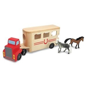 Melissa & Doug Horse Carrier Wooden Vehicle Play Set With 2 Flocked Horses and Pull-Down Ramp Horse Figures, Wooden Trailer Toy For Kids Ages 3+