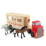 Melissa & Doug Horse Carrier Wooden Vehicle Play Set With 2 Flocked Horses and Pull-Down Ramp Horse Figures, Wooden Trailer Toy For Kids Ages 3+