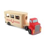Melissa & Doug Horse Carrier Wooden Vehicle Play Set With 2 Flocked Horses and Pull-Down Ramp Horse Figures, Wooden Trailer Toy For Kids Ages 3+