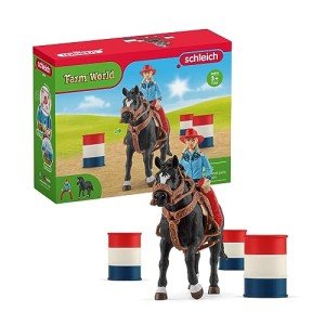 Schleich Farm World - 7PC Barrel Racing Set - Western Rodeo Toy Playset with Cowgirl Figurine, Horse Figure and Accessories - Realistic Farm Toys for Boys and Girls - Kids and Toddlers Ages 3+